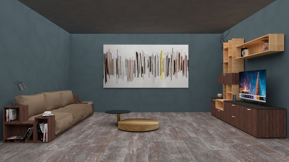Living room of a 3BHK turnkey interior project with a fitted TV unit