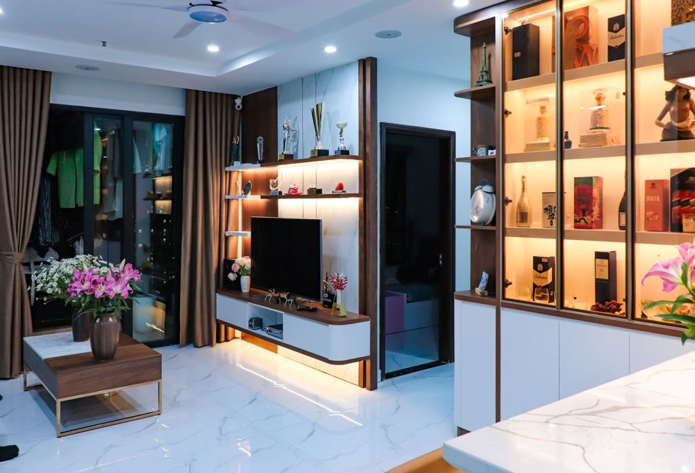 Combined TV unit and crockery unit in a living and dining space